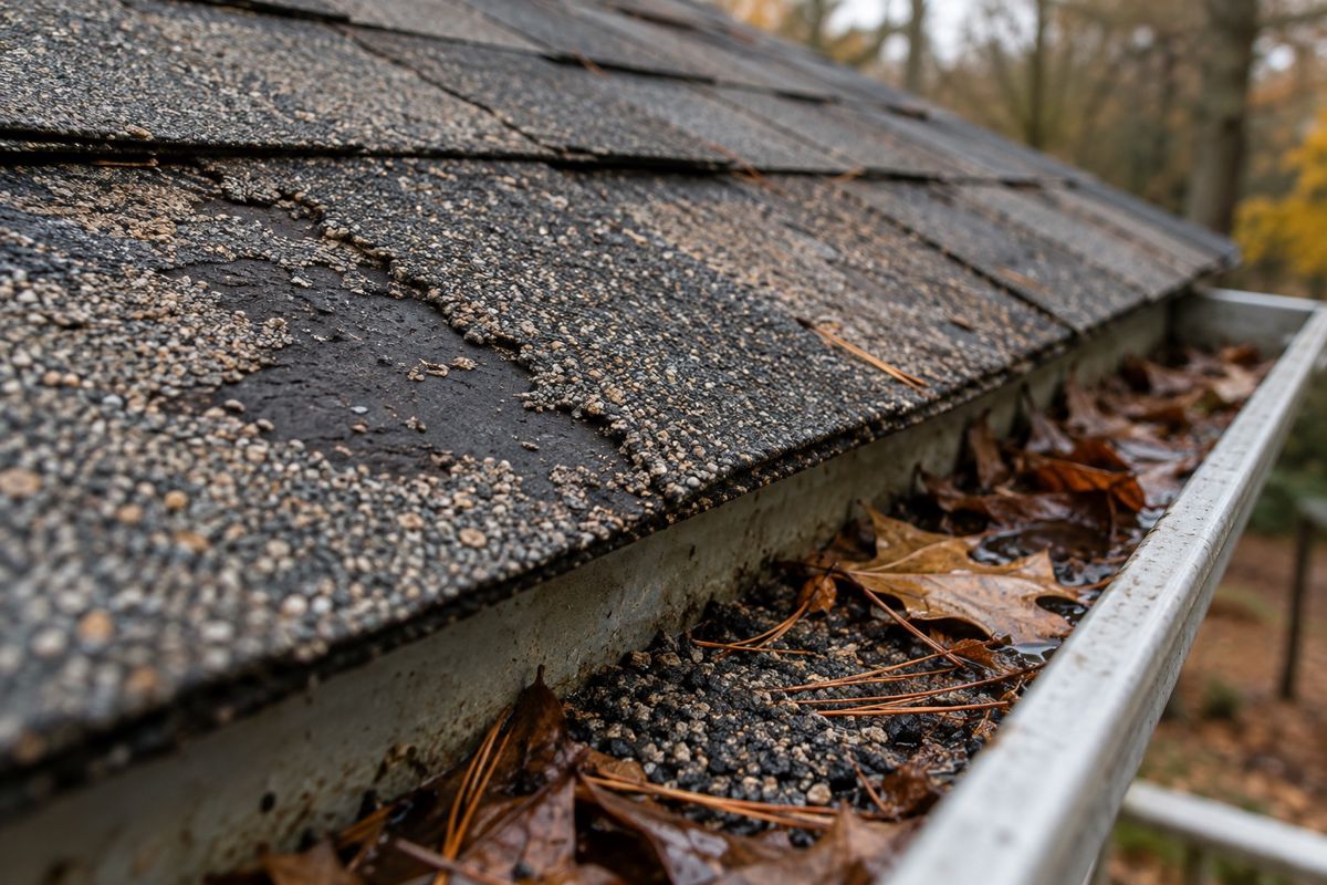 Close view of worn shingles and loose granules collected in a gutter