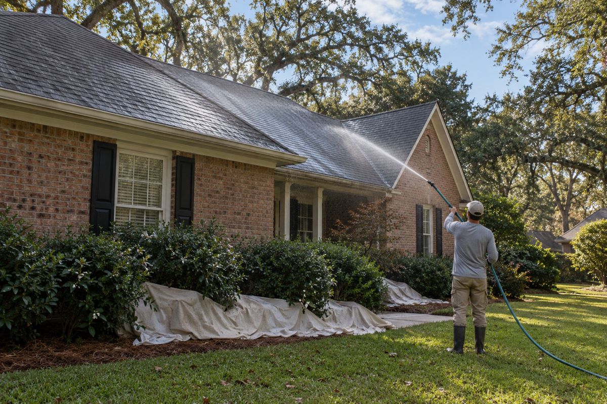 Worker rinsing a shingle roof gently from the ground with a low pressure wand