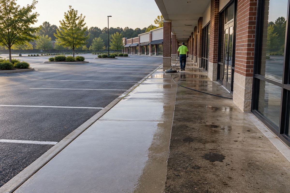 Surface cleaner washing a storefront sidewalk and parking lot at dawn