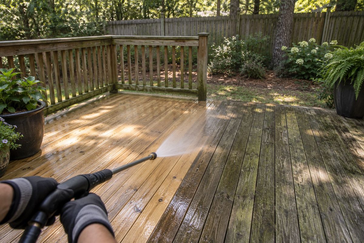Half-cleaned wood deck boards beside weathered gray mildewed boards in a backyard