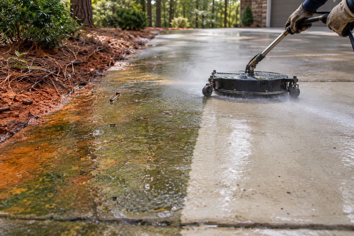 Surface cleaner leaving a clean stripe across a stained concrete driveway