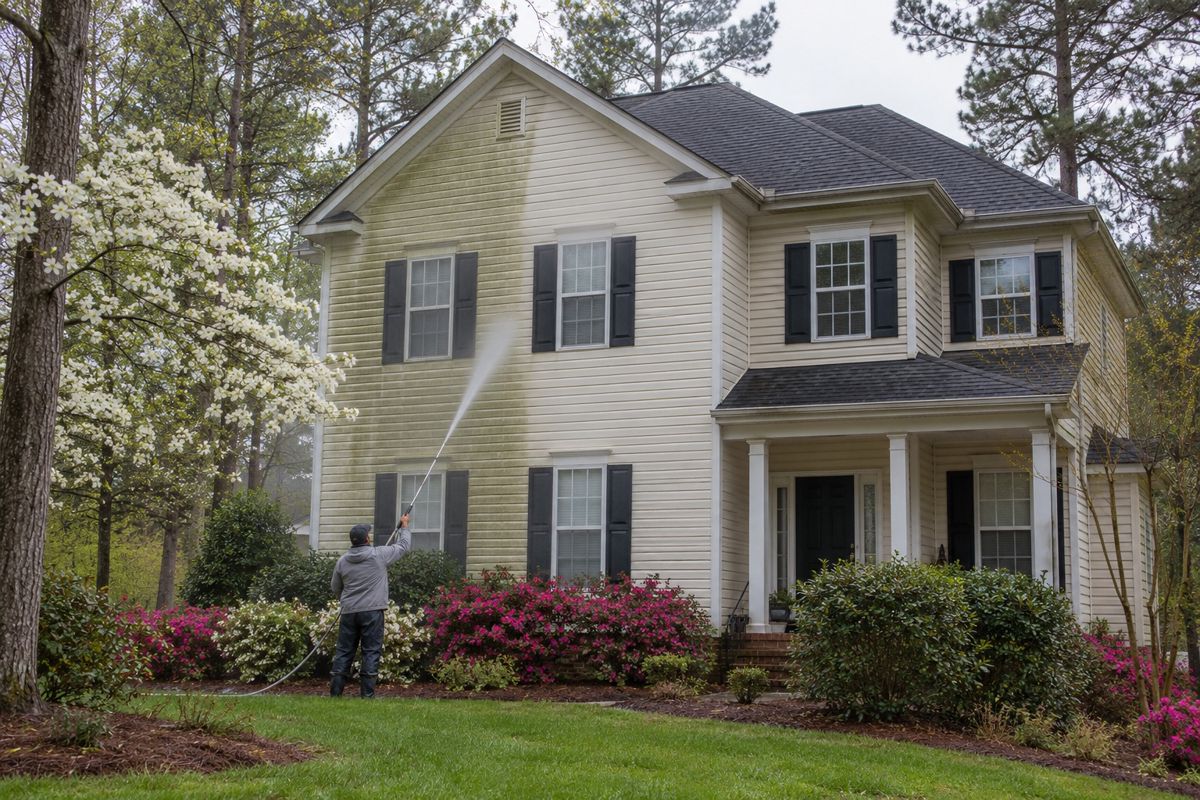 Worker rinsing half-cleaned vinyl siding on a two-story North Carolina house