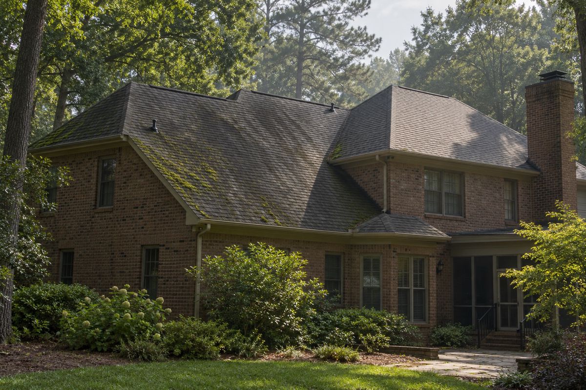Asphalt shingle roof with black algae streaks beside a clean slope